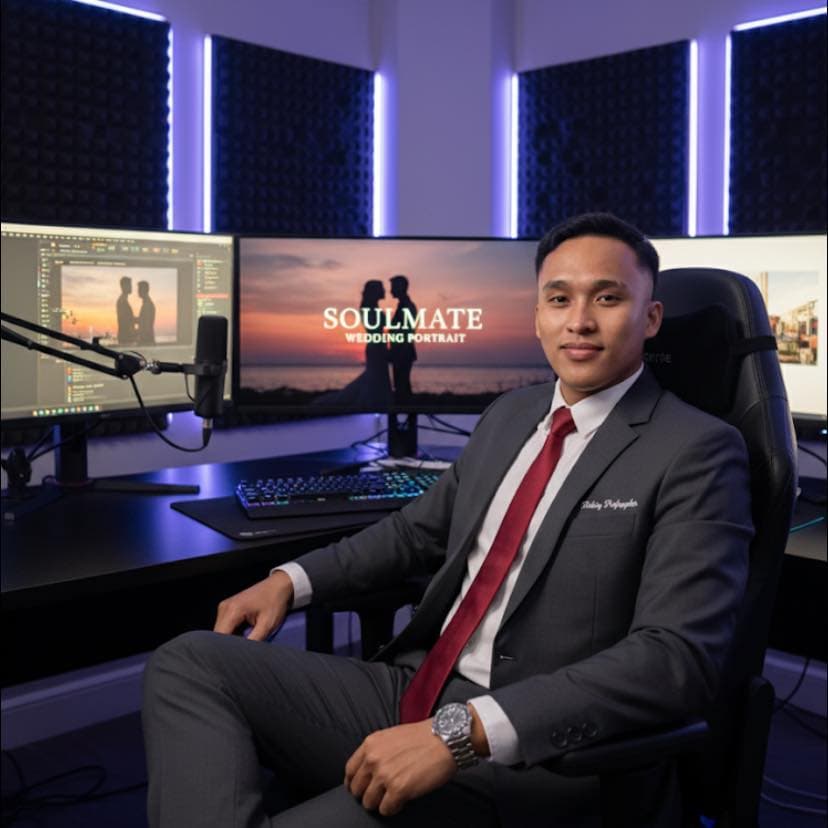Man in a grey suit sits at a desk with monitors displaying Soulmate Wedding Portrait.