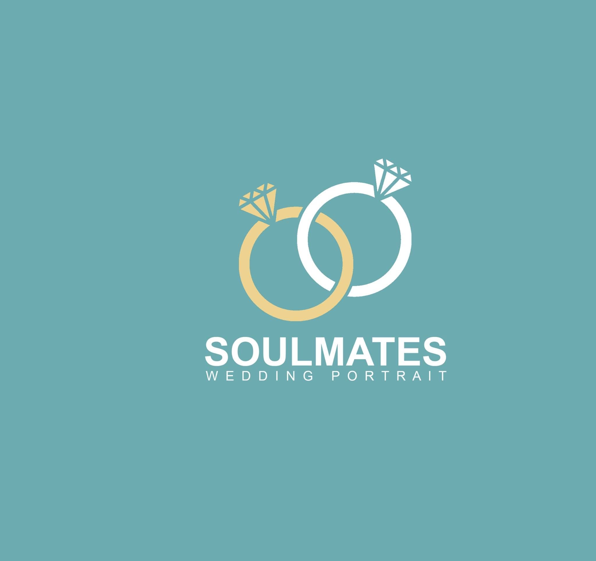 Interlocking gold and white diamond rings above Soulmates Wedding Portrait text on teal background.